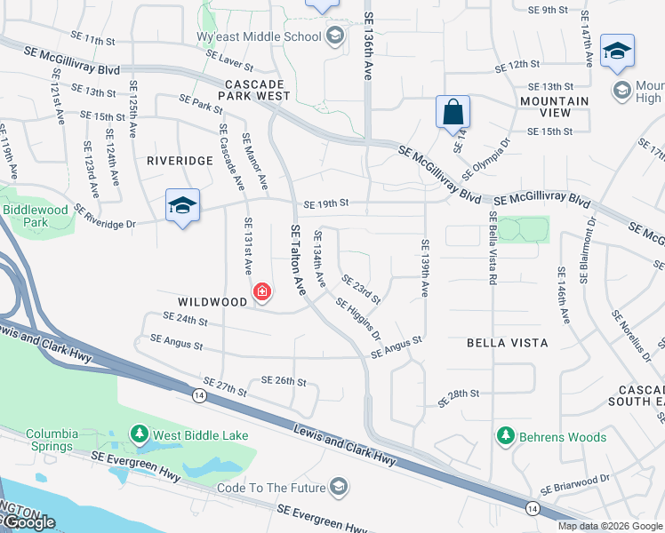 map of restaurants, bars, coffee shops, grocery stores, and more near 13501 Southeast 21st Circle in Vancouver
