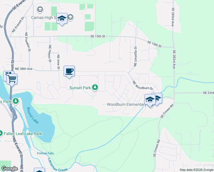 map of restaurants, bars, coffee shops, grocery stores, and more near 3686 Northeast Pioneer Street in Camas