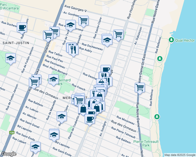 map of restaurants, bars, coffee shops, grocery stores, and more near 2579 Rue Desmarteau in Montréal