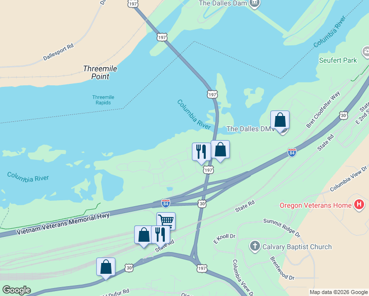 map of restaurants, bars, coffee shops, grocery stores, and more near 441 Lone Pine Boulevard in The Dalles