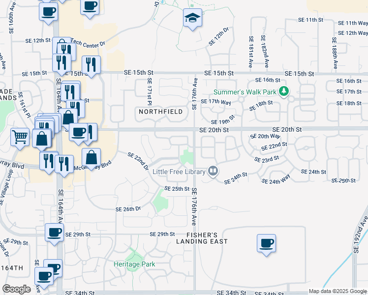map of restaurants, bars, coffee shops, grocery stores, and more near 17409 Southeast 22nd Street in Vancouver