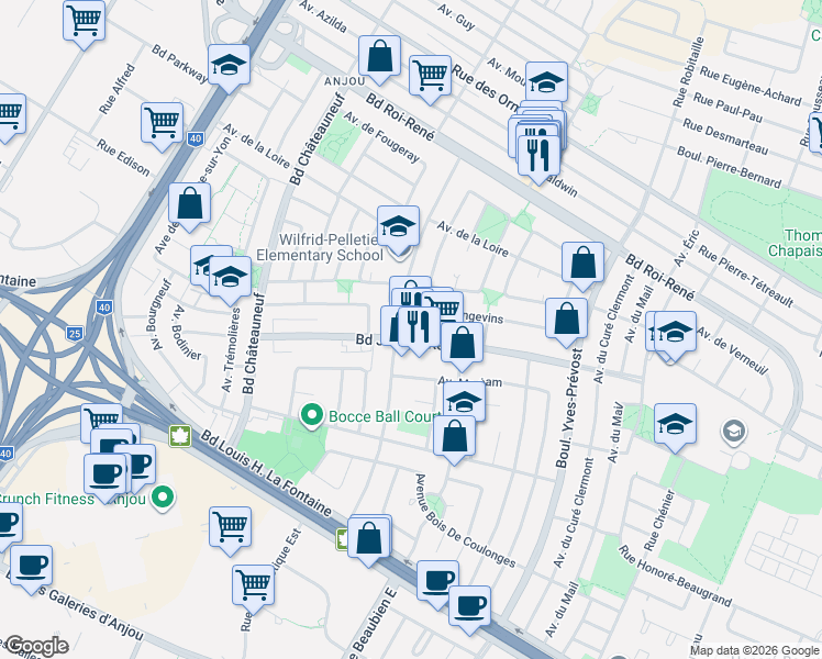 map of restaurants, bars, coffee shops, grocery stores, and more near 6655 Boulevard Joseph-Renaud in Montréal