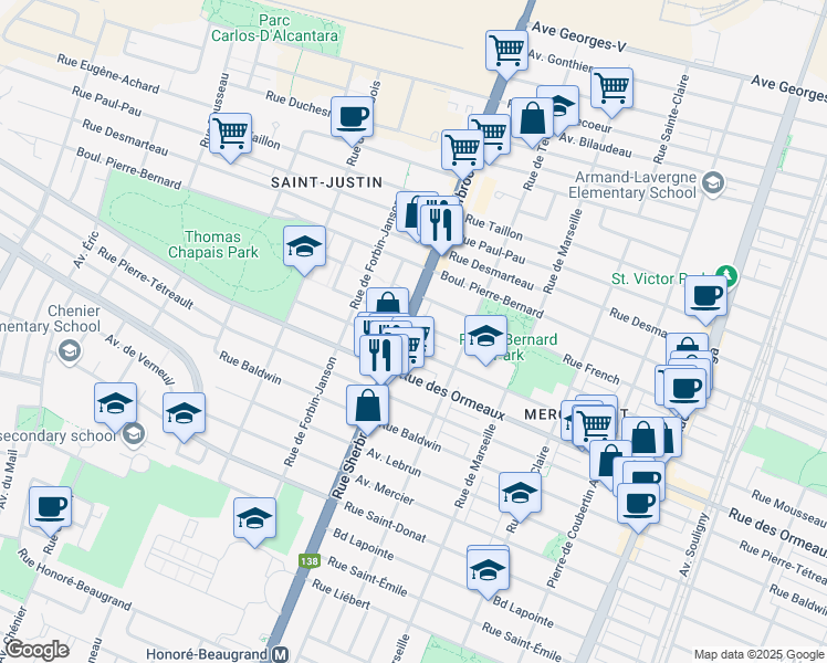 map of restaurants, bars, coffee shops, grocery stores, and more near 8808 Rue Sherbrooke Est in Montréal