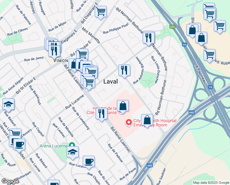 map of restaurants, bars, coffee shops, grocery stores, and more near 1639 Rue Michel Gamelin in Laval