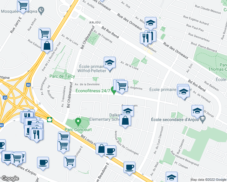 map of restaurants, bars, coffee shops, grocery stores, and more near 6655 Boulevard Joseph-Renaud in Montréal
