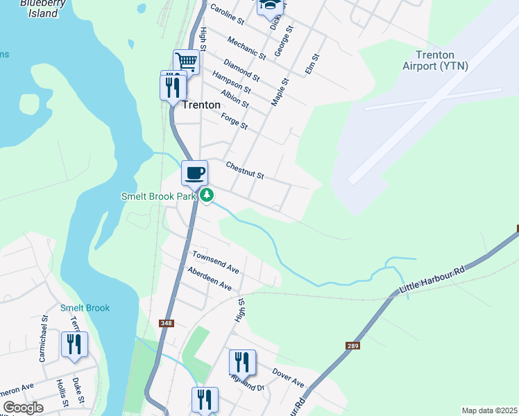 map of restaurants, bars, coffee shops, grocery stores, and more near 45 Oak Street in Trenton