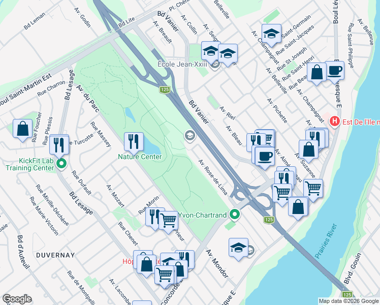 map of restaurants, bars, coffee shops, grocery stores, and more near 1060 Avenue Rose de Lima in Laval