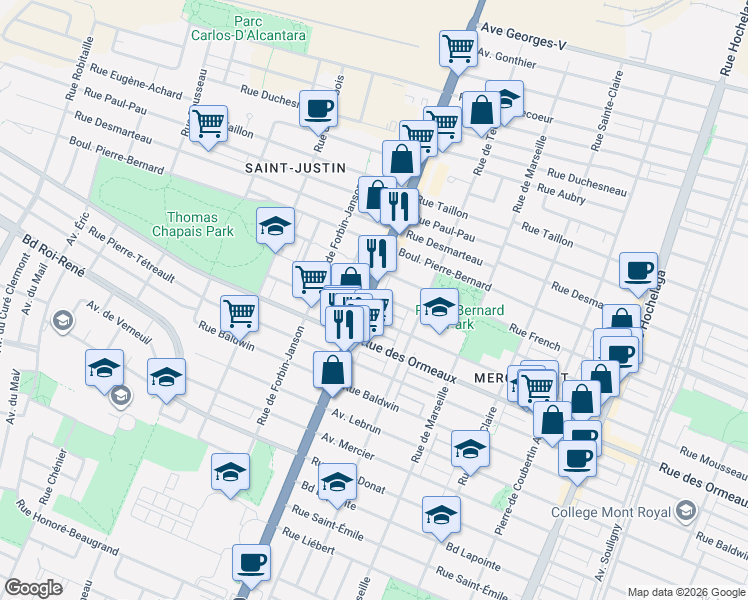 map of restaurants, bars, coffee shops, grocery stores, and more near 8808 Rue Sherbrooke Est in Montréal