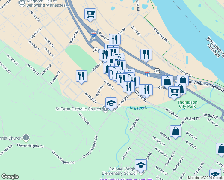 map of restaurants, bars, coffee shops, grocery stores, and more near 1220 West 8th Street in The Dalles