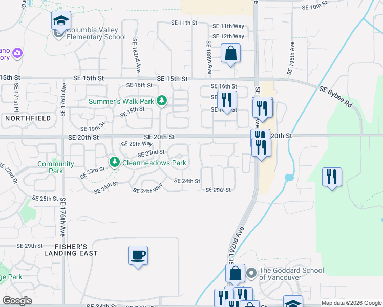 map of restaurants, bars, coffee shops, grocery stores, and more near 2104 Southeast 187th Avenue in Vancouver