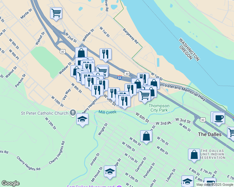 map of restaurants, bars, coffee shops, grocery stores, and more near 1010 West 5th Place in The Dalles