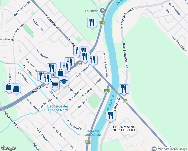 map of restaurants, bars, coffee shops, grocery stores, and more near 4750 Rue Jalobert in Saint-Hyacinthe