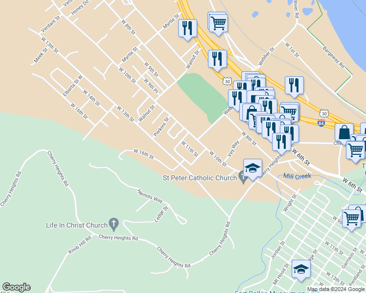 map of restaurants, bars, coffee shops, grocery stores, and more near 1612 West 11th Street in The Dalles