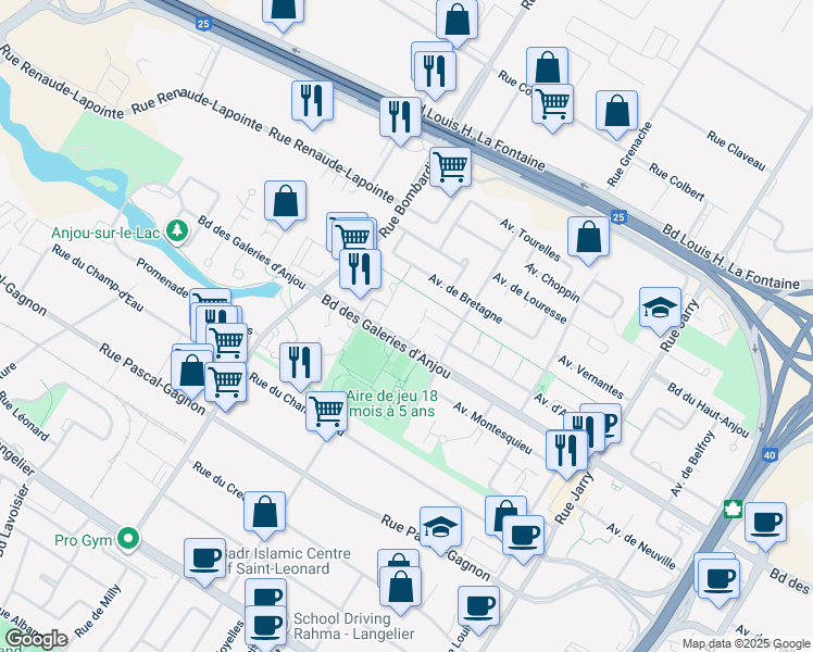 map of restaurants, bars, coffee shops, grocery stores, and more near 7150 Avenue M.-B.-Jodoin in Montréal