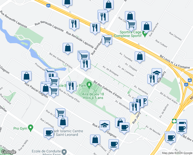 map of restaurants, bars, coffee shops, grocery stores, and more near 7150 Avenue M.-B.-Jodoin in Montréal