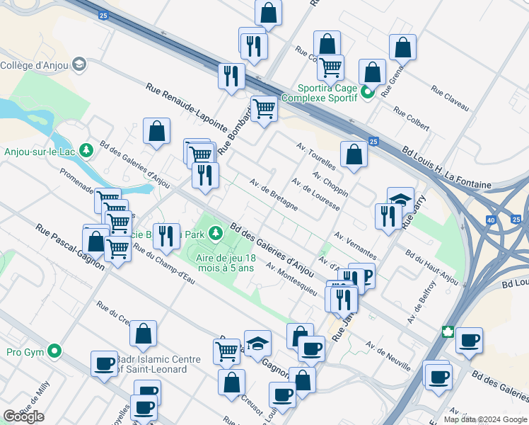 map of restaurants, bars, coffee shops, grocery stores, and more near 7271 Avenue de l'Alsace in Montrã©Al