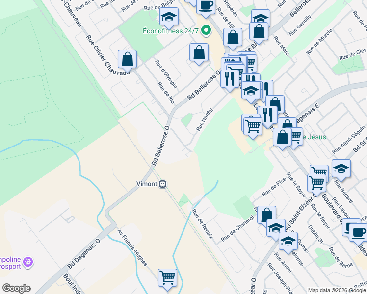 map of restaurants, bars, coffee shops, grocery stores, and more near 2072 Rue de Castellane in Laval