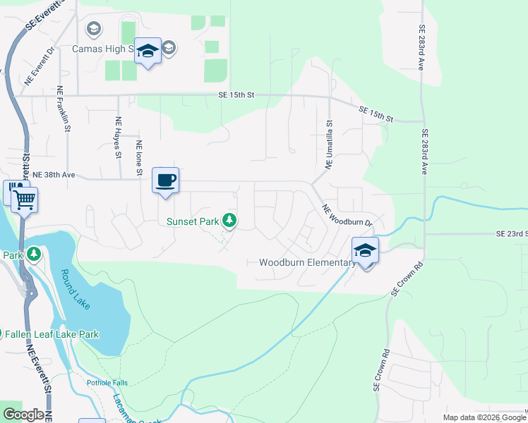 map of restaurants, bars, coffee shops, grocery stores, and more near 1712 Northeast Pioneer Lane in Camas