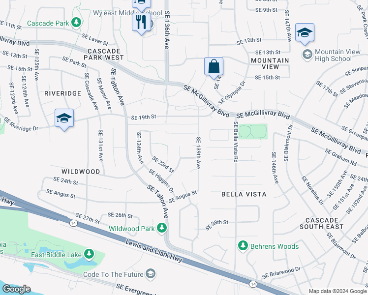 map of restaurants, bars, coffee shops, grocery stores, and more near 2017 Southeast 138th Court in Vancouver