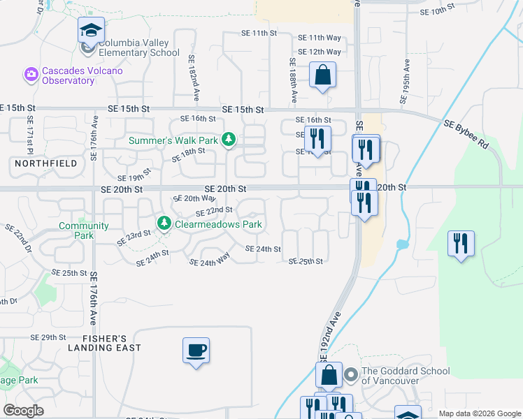 map of restaurants, bars, coffee shops, grocery stores, and more near 18520 Southeast 22nd Way in Vancouver