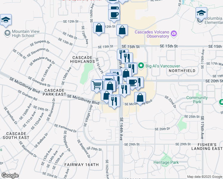 map of restaurants, bars, coffee shops, grocery stores, and more near 2100c Southeast 164th Avenue in Vancouver