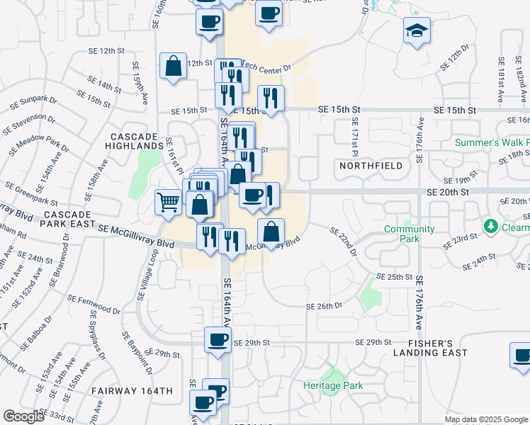 map of restaurants, bars, coffee shops, grocery stores, and more near 16600 Southeast McGillivray Boulevard in Vancouver