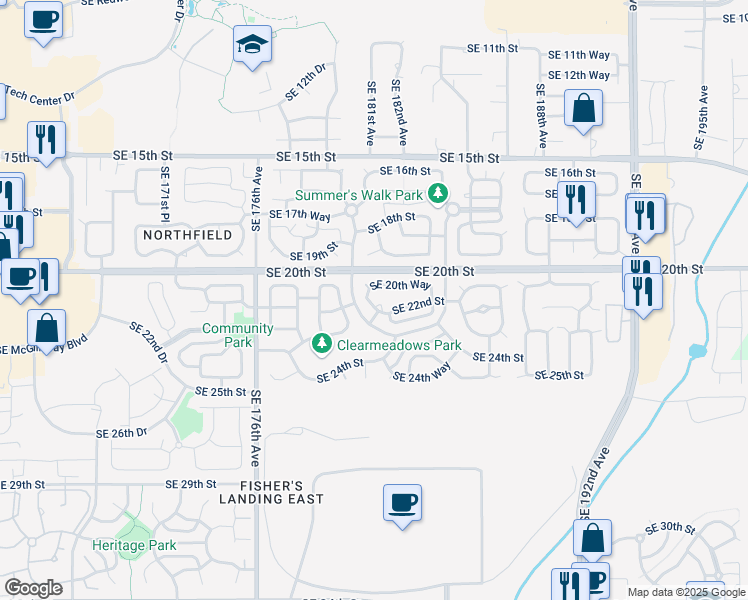 map of restaurants, bars, coffee shops, grocery stores, and more near 18101 Southeast 20th Way in Vancouver