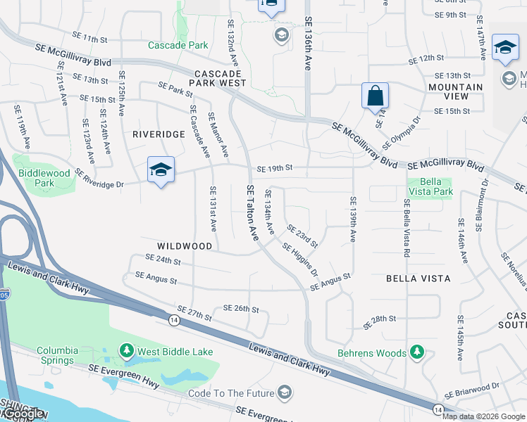 map of restaurants, bars, coffee shops, grocery stores, and more near 2016 Southeast 134th Avenue in Vancouver