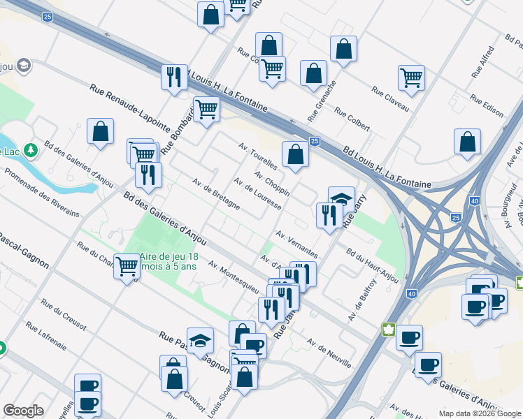 map of restaurants, bars, coffee shops, grocery stores, and more near 8941 Avenue de Bretagne in Montréal