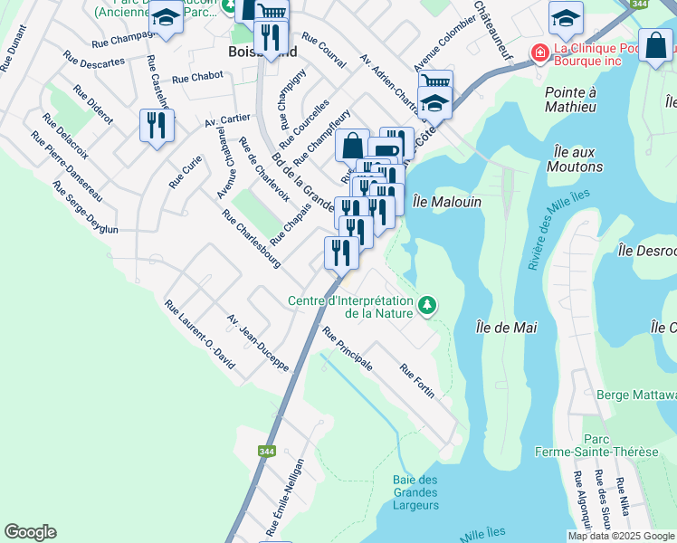map of restaurants, bars, coffee shops, grocery stores, and more near 394 Québec 344 in Boisbriand