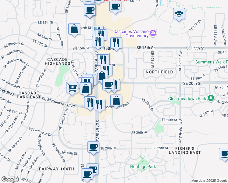 map of restaurants, bars, coffee shops, grocery stores, and more near 16600 Southeast McGillivray Boulevard in Vancouver