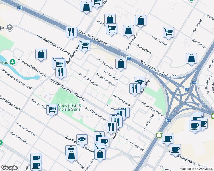 map of restaurants, bars, coffee shops, grocery stores, and more near 8941 Avenue de Bretagne in Montréal