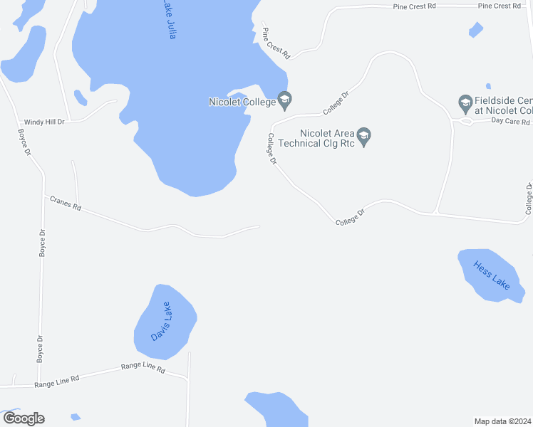 map of restaurants, bars, coffee shops, grocery stores, and more near 2961 Cranes Road in Rhinelander