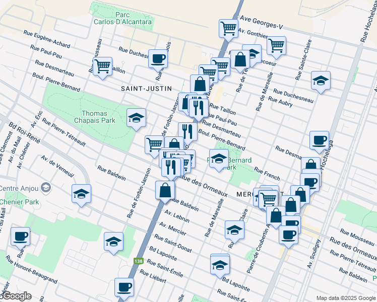 map of restaurants, bars, coffee shops, grocery stores, and more near in Montreal