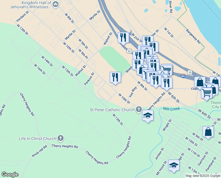 map of restaurants, bars, coffee shops, grocery stores, and more near 1516 West 10th Street in The Dalles