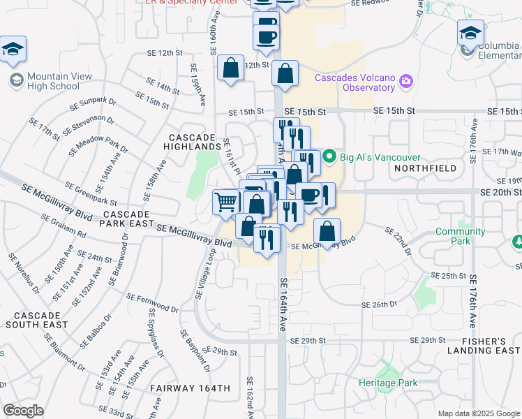 map of restaurants, bars, coffee shops, grocery stores, and more near 2100c Southeast 164th Avenue in Vancouver