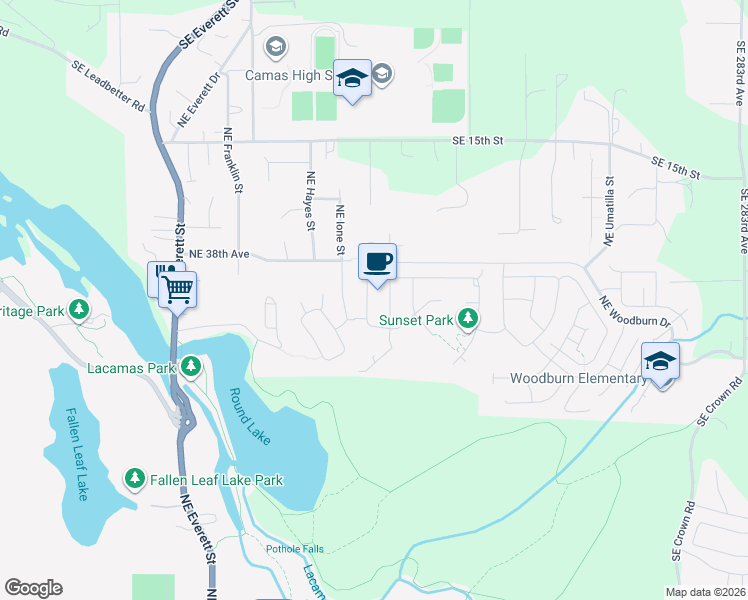 map of restaurants, bars, coffee shops, grocery stores, and more near 3620 Northeast Kingbird Street in Camas