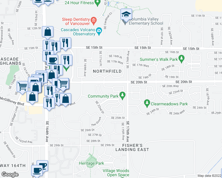 map of restaurants, bars, coffee shops, grocery stores, and more near 17217 Southeast 21st Street in Vancouver