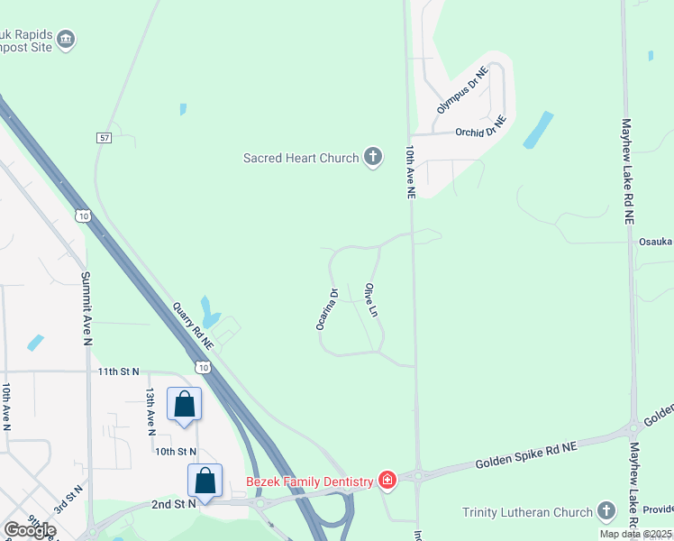 map of restaurants, bars, coffee shops, grocery stores, and more near 2626 Ocarina Drive in Sauk Rapids