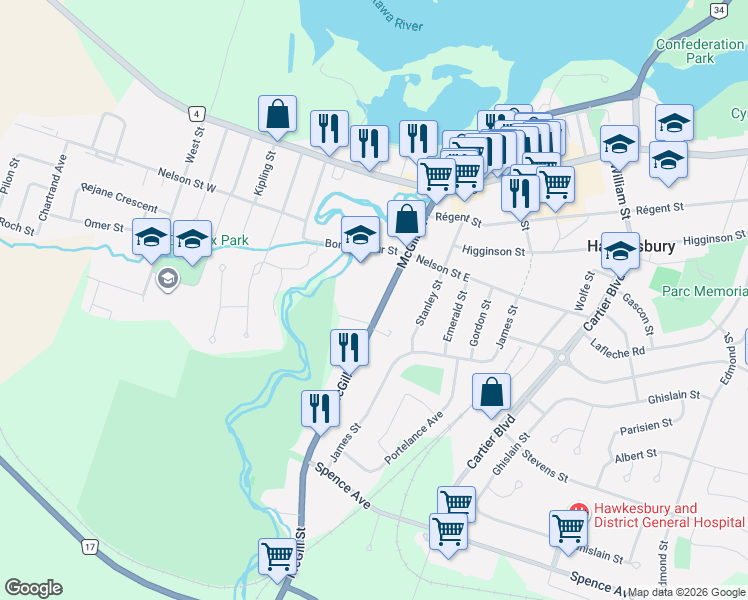 map of restaurants, bars, coffee shops, grocery stores, and more near 444 McGill Street in Hawkesbury