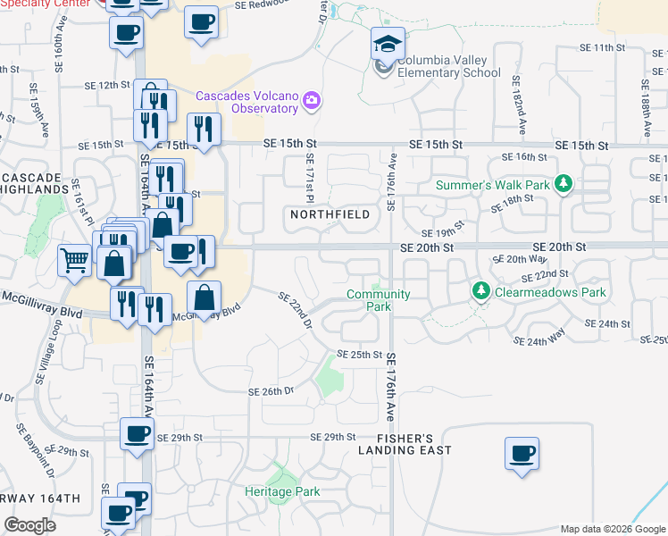 map of restaurants, bars, coffee shops, grocery stores, and more near 17217 Southeast 21st Street in Vancouver