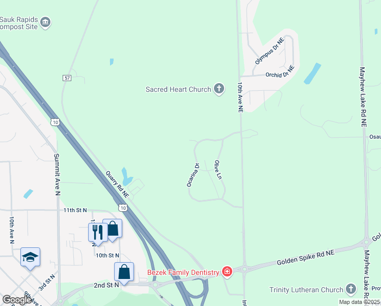 map of restaurants, bars, coffee shops, grocery stores, and more near 2626 Ocarina Drive in Sauk Rapids