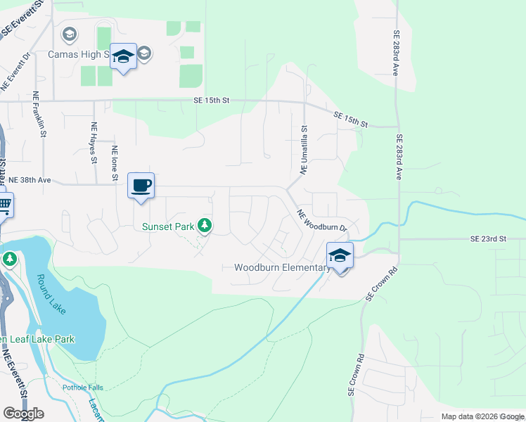 map of restaurants, bars, coffee shops, grocery stores, and more near 3641 Northeast Pioneer Street in Camas