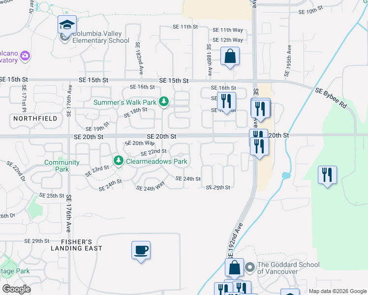 map of restaurants, bars, coffee shops, grocery stores, and more near 18513 Southeast 20th Way in Vancouver