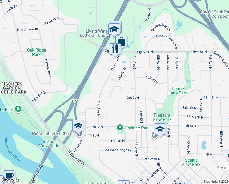 map of restaurants, bars, coffee shops, grocery stores, and more near 1317 13th Street Circle in Sauk Rapids