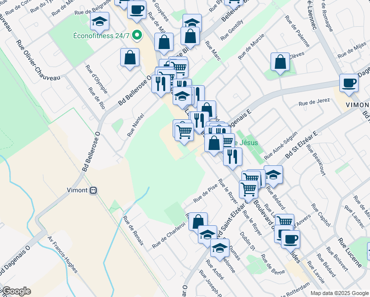map of restaurants, bars, coffee shops, grocery stores, and more near 2090 Boulevard des Laurentides in Laval