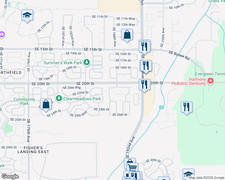 map of restaurants, bars, coffee shops, grocery stores, and more near 18801 Southeast 21st Street in Vancouver