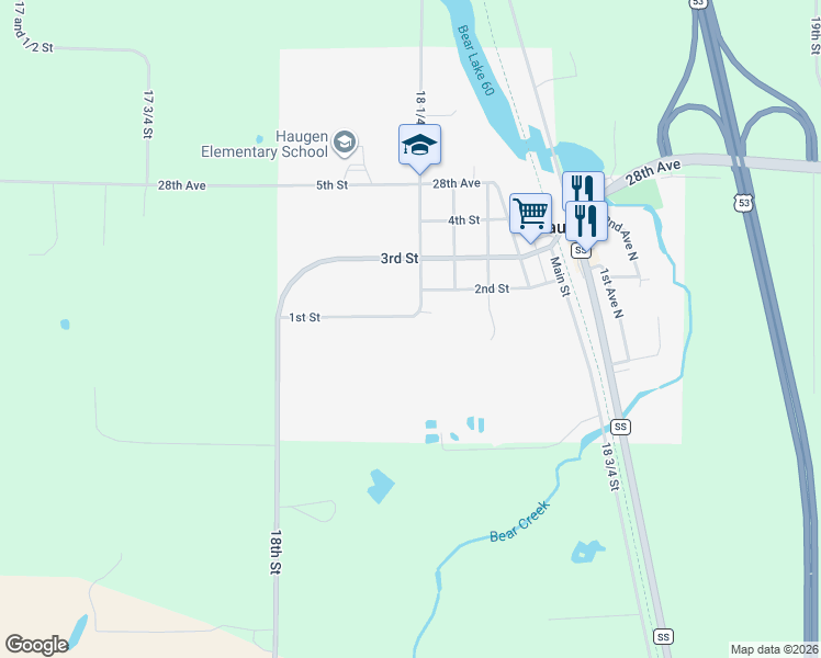 map of restaurants, bars, coffee shops, grocery stores, and more near 500 1st Street in Rice Lake