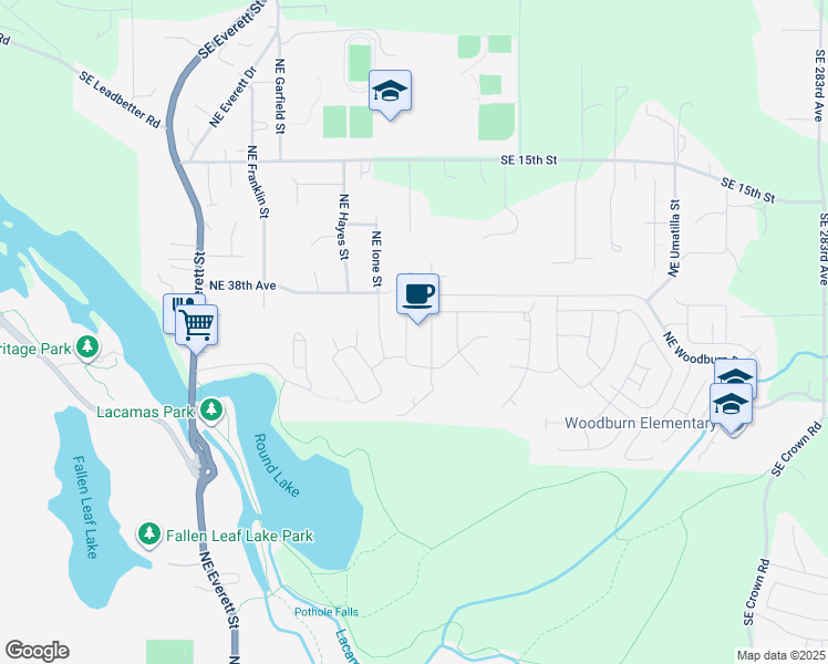 map of restaurants, bars, coffee shops, grocery stores, and more near 3620 Northeast Kingbird Street in Camas