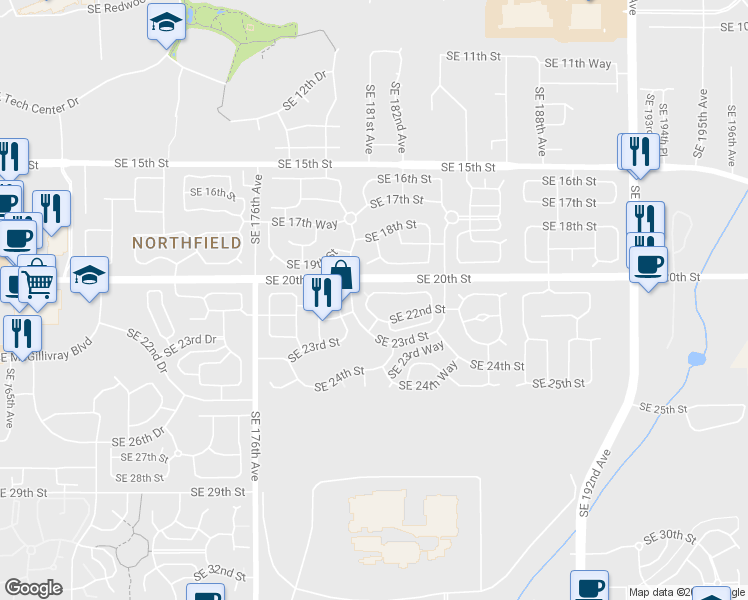 map of restaurants, bars, coffee shops, grocery stores, and more near 18101 Southeast 20th Way in Vancouver
